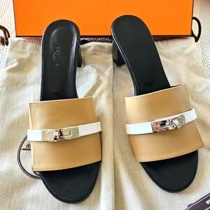Hermes Heel Leather Sandal 39.5EU=9.5US New KELLY BUCKLE Beige & White